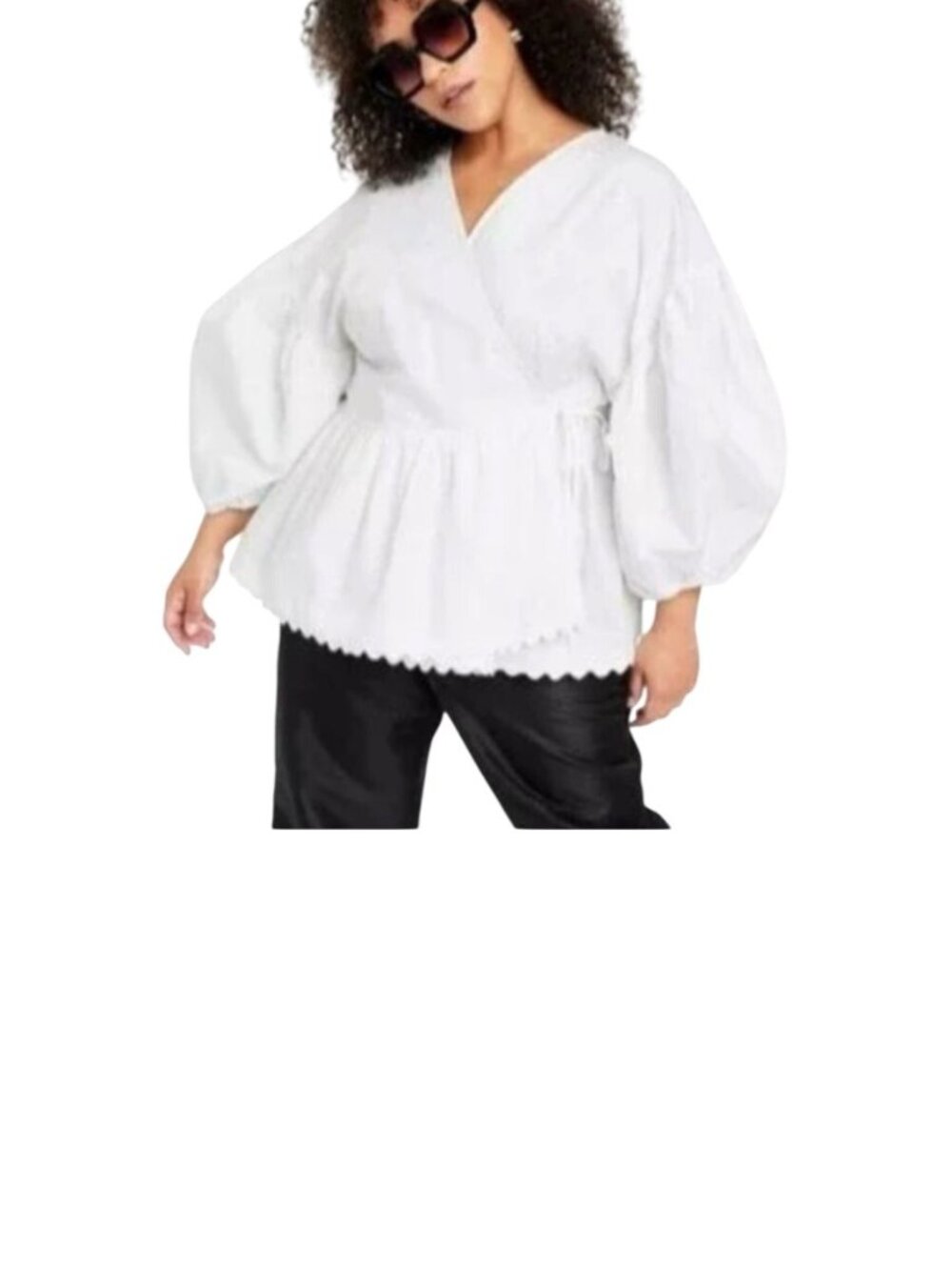Kika Vargas 3XL Target White Puff Sleeve Wrap Scallop Edge Blouse Summer Cotton